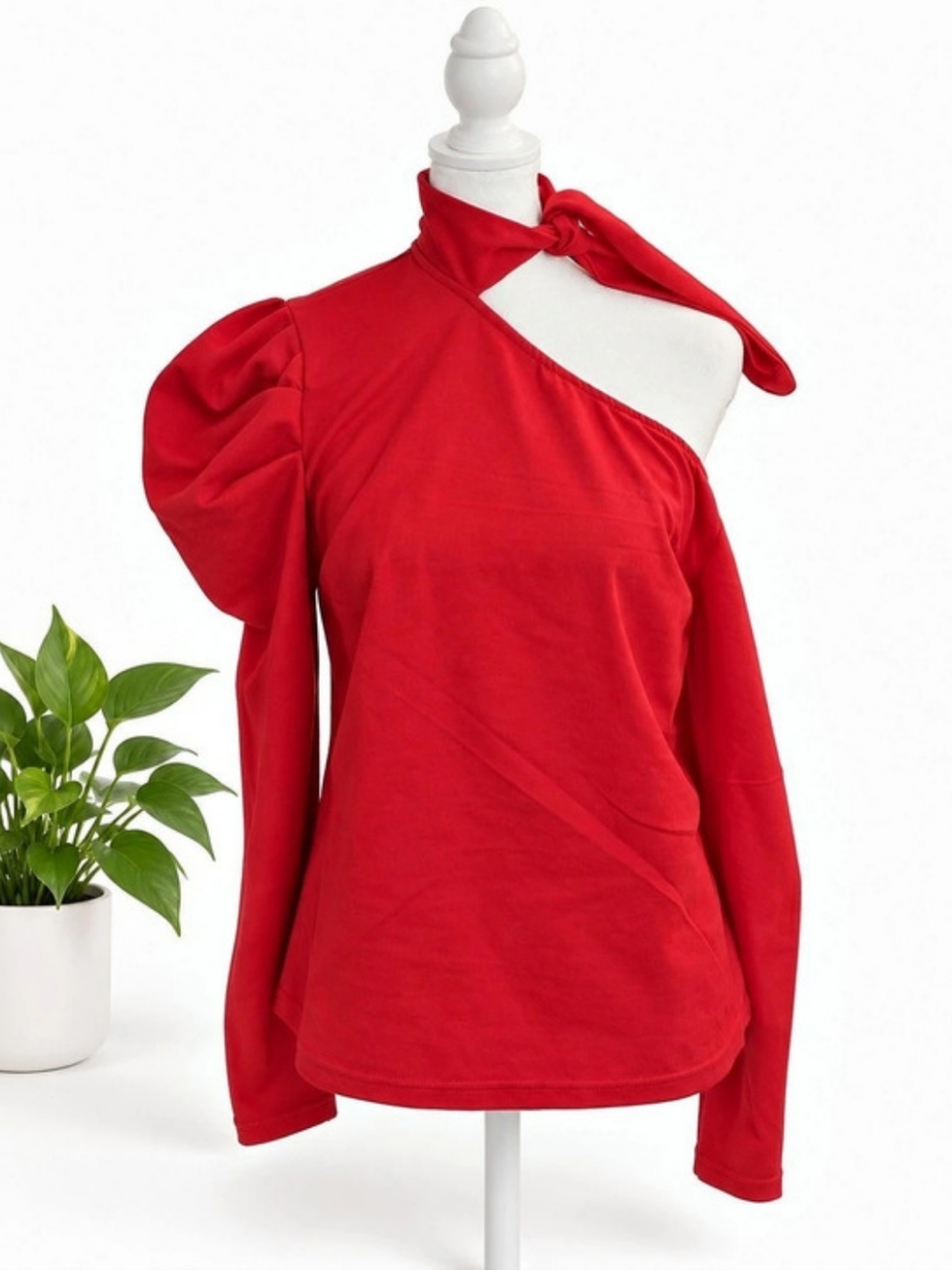 New Red One-Shoulder Puff Sleeve Top - Picture 2 of 4